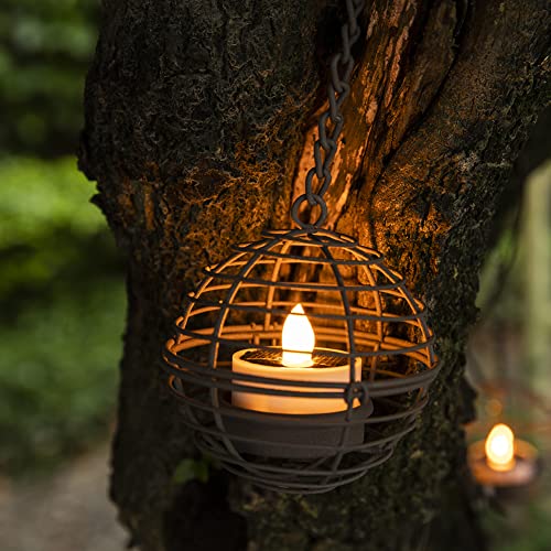 Solar Hanging Lanterns Outdoor Waterproof, Rust Iron Ball Candle Holder with Flickering Solar Powered Tea Lights, Perfect Chargeable Solar Lights for Backyard Patio Garden Fence Tree Decoration-4Pack - style: 4PK Hanging Lights