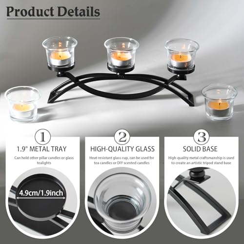 3-Arm Metal Tea Light Candle Holder Set with 5 Glass Cups, Votive Candle Holders Centerpiece Candelabra for Wedding Table Decor, Home Gatherings and Holidays (Black, 5 Cups) - color: Black, size: 5 Cups
