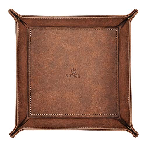 SITHON Valet Tray Desktop Storage Organizer – Premium PU Leather Catchall Bedside Vanity Tray Nightstand Caddy Holder for Keys, Phone, Wallet, Coin, Valentine's Day Gift, Brown - color: Brown