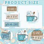 Lineshading 4 Pcs Summer Table Decorations Beach Coffee Bar Wooden Block Sign Blue Rustic Coastal Tiered Tray Decor with Coffee Cup Summer Centerpieces Decor for Beach Nautical Party Office Home - style: Beach