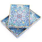 Hiceeden Set of 2 Boho Floral Serving Tray with Handles, 15.7" x 11.8" Decorative Plastic Ottoman Tray, Modern Large Coffee Table Server for Living Room, Bathroom, Kitchen, Rectangle, Blue