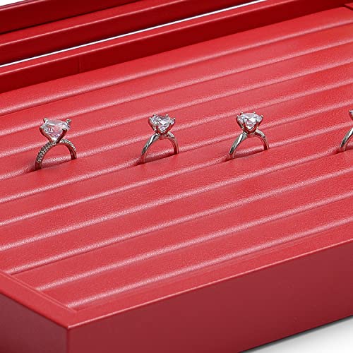 Oirlv Luxury Leather Rings Earrings Organizer Tray with Clear Lid Jewelry Display Box with Acrylic Lid Stackable Jewelry Box Drawer Inserts - color: Red, size: 10 Slot