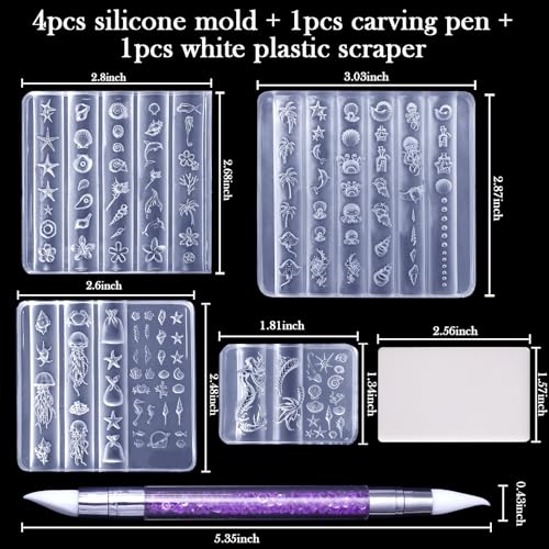 Laza 4pcs Ocean Silicone Nail Art Molds, 3D Mermaid, Starfish, Seashell, Jellyfish Nail Charms Molds Clear Modeling Templates Silicone Beach Nails Pattern Nail Tools with Sculpture Pen for Nail Design - color: Ocean world