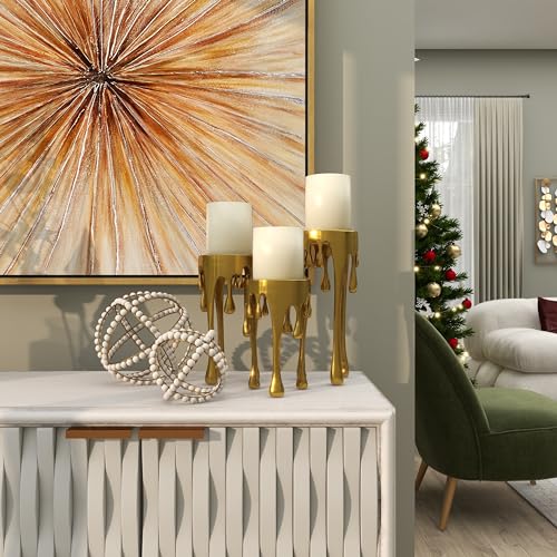CosmoLiving by Cosmopolitan Aluminum Metal Abstract Decorative Candle Holder Melting Drip Candle Stand, Set of 3 Candlestick Holder 12", 10", 8"H, Gold - color: Gold