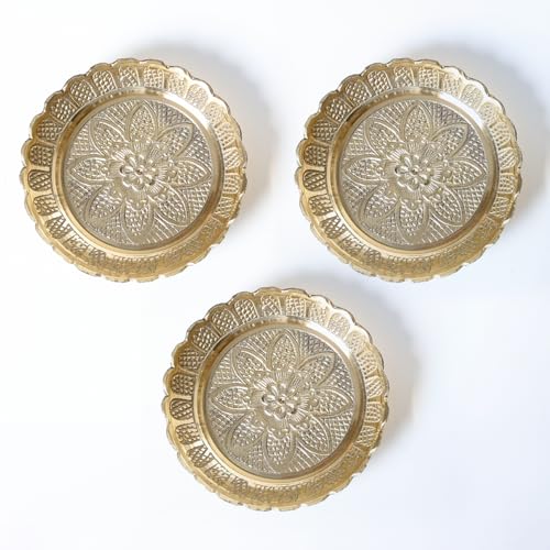 Shubhkart Solid Brass Decorative Nakshi Plate Set for Puja, Decoration & Diwali Gifting (Large 11 cm, Pack of 3, Solid Brass) - size: Large (Pack of 3)