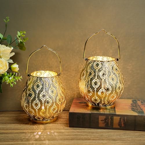 TRIROCKS Set of 2 Moroccan Decorative Lamps 8'' High Cordless Lamp Metal Table Lamps with Fairy Lights Bulb for Home Living Room Garden Yard Party Events Tabletop Indoor Outdoor(Gold) - color: Gold
