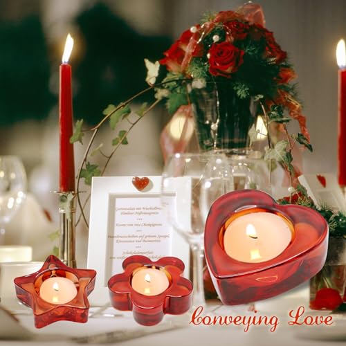 Red Votive Candle Holders Set of 12, (3 Sizes,Heart/Flower/Star) Glass Tealight Candle Holders Bulk for Wedding Table Centerpiece,Birthday Party,Valentines Day,Christmas Decorations,Home Decor(Red) - color: Red
