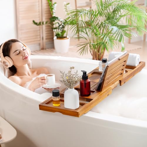 Teak Bathtub Tray - Luxury Bath Tray with Expandable Handles, Wine Glass and Phone Holders, Book Stand - Perfect for Home Spa Relaxation and Reading - Natural Bath Accessories - Light Walnut Color - color: Light Walnut-expandable