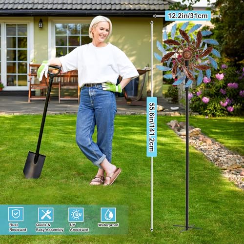 Metal Outdoor Wind Spinner, Wind Sculpture Spinner with Metal Stake, Waterproof 360 Degrees Kinetic Windmill Art Decoration for Patio Garden Lawn (Blue+Brown) - color: Blue+brown