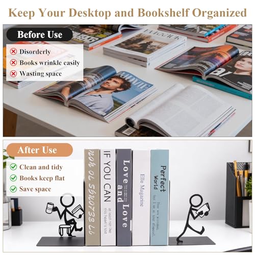 2 Pcs Metal Book Ends, Black Decorative Bookends for Shelves, Heavy Duty Non-Skid Bookend Unique Book Holder Stopper for Heavy Book Support Storage, Home Office School Library Desk Shelf Use