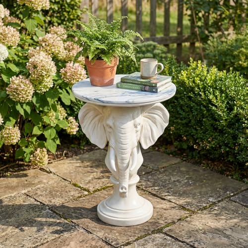 Modern Accent Table with White Elephant Ornament Base, Minimalist Faux Marble End Table for Living Room Reception Area & Bedroom, 19.69 Inches Wide × 25.98 Inches High - color: White Elephant Head Statue