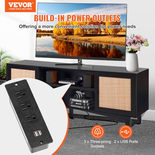VEVOR Rattan TV Stand for 75in TV, Boho TV Stand with Rattan Door, Entertainment Center with Build-in Socket, Storage Cabinet with 2 Shelves, Modern TV Console for Living Room, Media Room, Black - color: Black, size: for 75" TVs