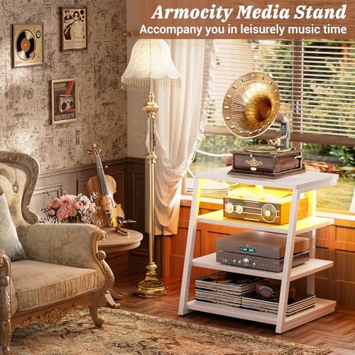 Armocity 4-Tier AV Media Stand with Power Strips, Stereo Stand with LED Lights, Audio Tower Rack with Adjustable Shelves, Small Entertainment Center, 30'', White - color: White, size: 30" (H)