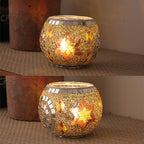 Mosaic Glass Tea Light Holders Romantic Stained Votive Candle Holder, MIATTCLD Round Handmade Tealight Candle Holder for Table Centerpieces, Christmas, Valentine, Birthday Party, Home Decor (H)
