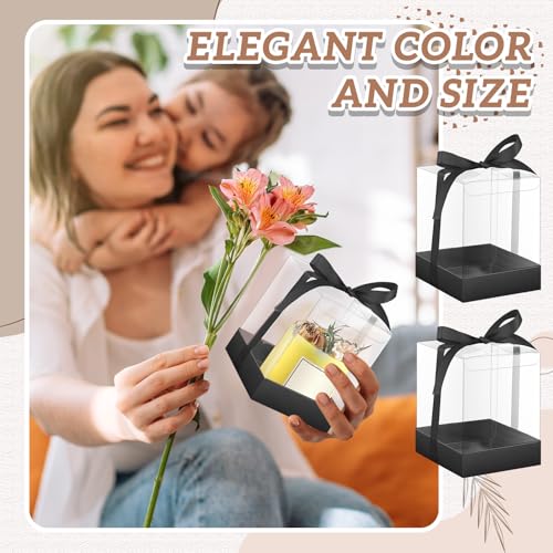 Cunno 36 Set 3.5 x 3.5 x 4.3 in Candle Gift Package Valentine's Transparent Box 4-18 oz Handmade Tealight Candle Holder Paper Bottom Ribbon for Wedding Baby Shower Party Mug(Black) - color: Black
