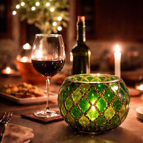 Votive Candle Holder Tea Lights - Glass Candle Holders, Mosaic Tealight Candle Holder, Candle Jar Cup for Wedding Centerpiece Party Table Decorations, Valentines Day Decor - color: A - Noble Green