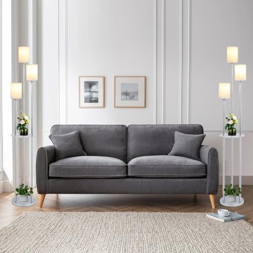 Floor Lamps for Living Room, 3-Lights Modern Floor Lamp with Shelves, Chrome Standing Lamp with Fabric Shade and Foot Switch, Shelf Standing Lamps with Table, Tall Lamps for Bedroom Office - style: Chrome-Fabric Shade