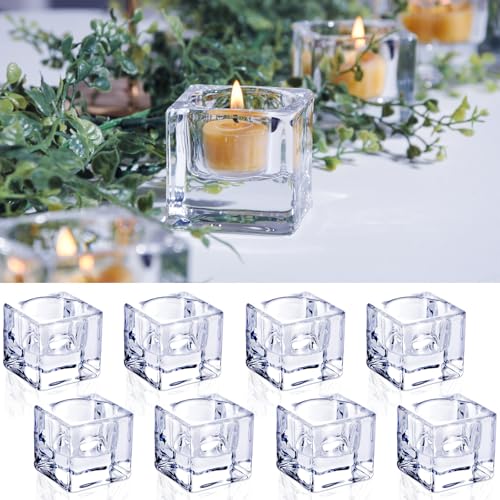 Clear Glass Tealight Candle Holder, Square Candle Holder Set of 8, Table Centerpiece for Ceremony, Event,Wedding, Party Decor