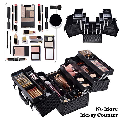Joligrace Makeup Train Case Professional Adjustable - 6 Trays Cosmetic Cases Makeup Storage Organizer Box with Lock and Compartments 14 Inch Large Black - color: 3.Black