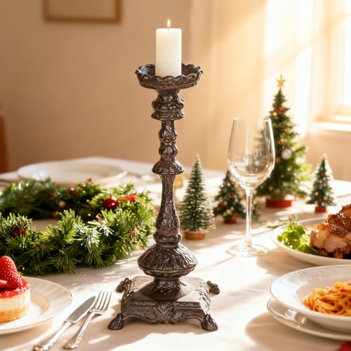 Sungmor Heavy Duty Cast Iron Candlestick Holders - Handcrafted Vintage Candelabra - 37CM/15Inch Tall 1-Head Candle Holder - Decorative Pillar Candle Stand for Christmas Birthday Wedding Home Party - color: Tall: 14.6in. - 1pc