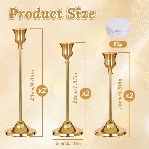 Candlestick Holders, 6 PCS Brass Gold Metal Taper Candle Holder with Adhesive Wax fits 3/4 Inch Long Candles, Vintage Modern Candle Holders for Table Mantel Wedding Housewarming Gift