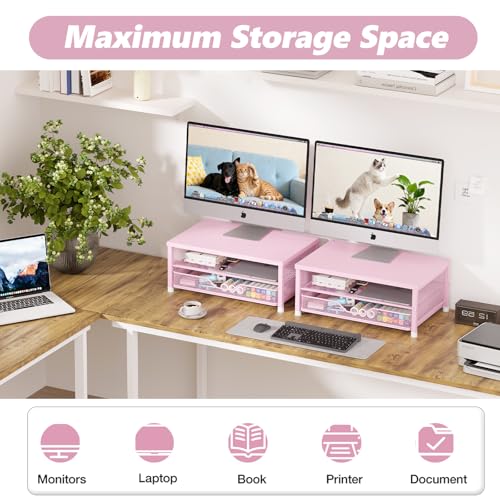 OPNICE Computer Monitor Stand Riser, Desk Organizer with Drawer, Laptop Stand, Office Desk Accessories & Workspace Desktop Organizers Storage for Office Supplies(Pink) - color: Pink