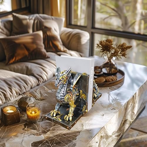 Large Steampunk Fantasy Dragon Statue, Decorative Bookends for Heavy Books, Unique Book Ends Decor for Shelves.