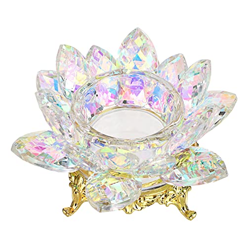 OwnMy Crystal Lotus Flower Tea Light Holder Votive Candle Stand with Gold Metal Base, AB Color Glass Lotus Tealight Candlestick Holder Candle Lamp for Table Centerpiece Wedding Decor