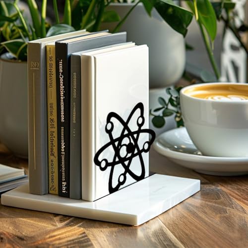 Peacoblue Metal Bookends for Shelves, Modern Decorative Heavy Duty Study Book Support Stoppers for Office, Desk, Shelf, Room 5.3"x4.3"x4.6" Cast Iron Simple Tall Bookends, 1 Pair (Atom) - style: Atom