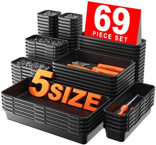 【More Larger Size】A-LUGEI【69 PCS-5 Size】 Tool Box Organizer Tray Divider Set【Black】 Desk Drawer Organizer Bin, Socket Organization and Storage Toolbox for Rolling Tool Chest Cart WorkBench Part Widget - size: 69pcs-5 Size