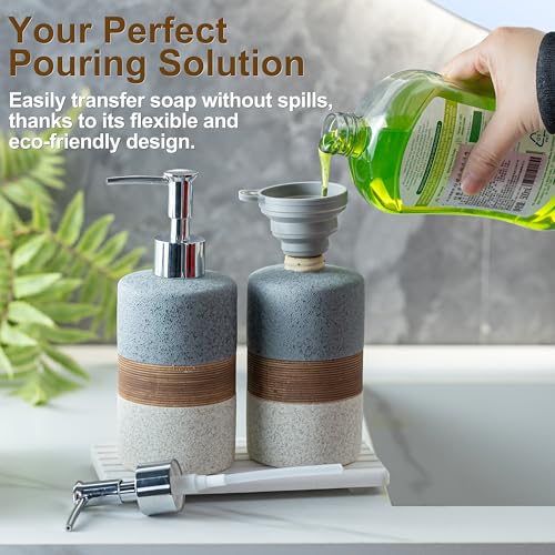 Ceramic Soap Dispenser Set(2 Pack) – Hand Soap, Dish Soap, Shampoo & Shower Soap Dispenser for Bathroom & Kitchen, Stainless Steel Pump, Includes Silicone Funnel & Diatomaceous Tray, Gray - color: Gray and White, size: 2xSoap Dispenser Set with Tray