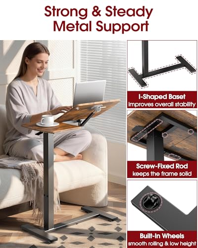 Sakugi Overbed Bedside Table with Wheels, Height Adjustable Laptop Desk, Hospital Bed Table with Tilt Top, Rolling Bed Tray for Home & Office,27.6" L x 12.9" W x 29.1"–39" H, Brown - color: Brown