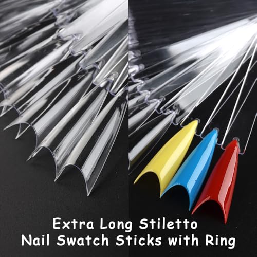 150 Pcs Nail Swatch Sticks with Ring, Long Stiletto Nail Art Tips, Transparent Acrylic False Nail Sample Sticks Polish Gel Display Practice Manicure Tools for Home or Salon Use - color: Clear Long Stiletto