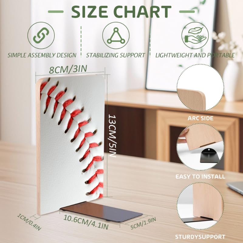 Wood Bookends Non-Slip Bookends Book Stand for Shelves Books/CD - Baseball Pattern