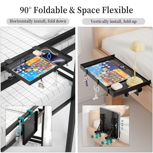 Foldable Bedside Shelf, Metal Clip-On Bed Tray Table for Bunk Bed & Dorm Beds, Dorm Room Essentials Organizer for College Students, Floating Tray, Space Saving Nightstand for Loft Beds (Black, Large) - color: Black, size: Large