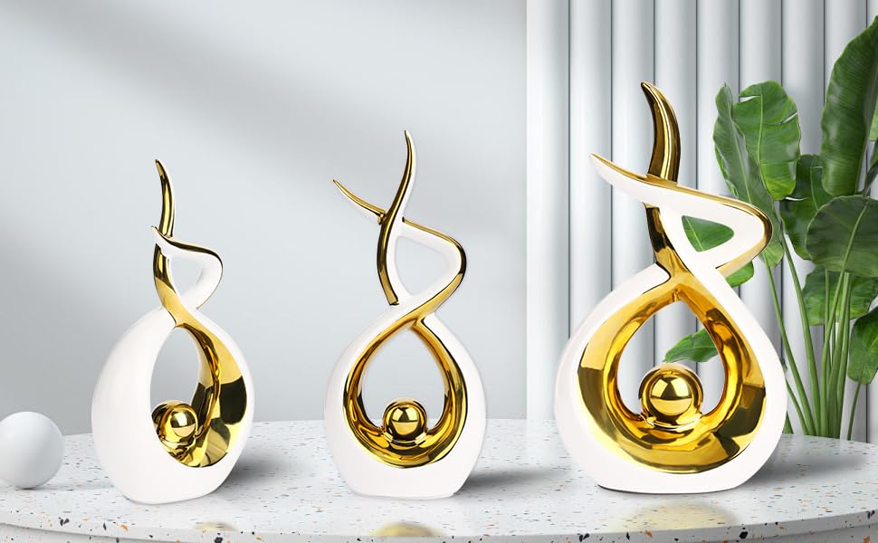 Querro Modern Abstract Ceramic Statue - Elegant White & Gold Decor for Home Living Room, Dining Table Centerpiece & Office Shelf | Luxury Aesthetic Sculpture (Large) - size: Large