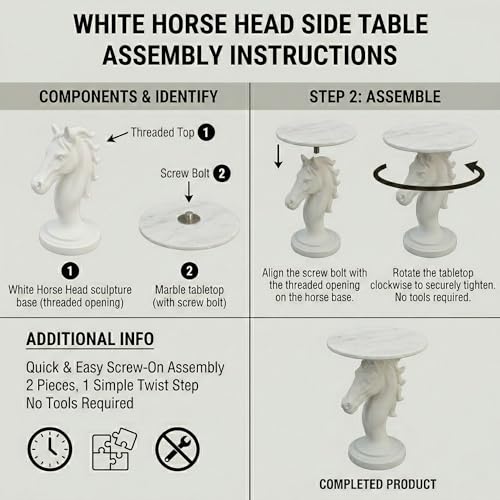 Modern Horse Statue Side Table - Round Faux Marble Top Accent Pedestal with Sculpture Base for Entryway & Living Room, White - color: White Horse
