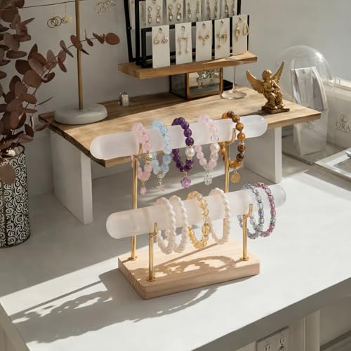 RattanView Selenite Bracelet Holder Display Stand Crystal Healing Goth Bracelet Display Stand Detachable Jewelry Wrap Watch Organizer Holder with Wooden Base for Bangles Charging Clean (2 Tier) - style: 2 Tier