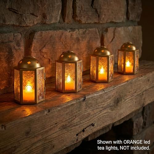 VELA LANTERNS Mini Moroccan Tea Light Candle Holder Lanterns – 4.25" Small Decorative Lantern for Table or Hanging, Metal with Glass Panels – Ramadan, Wedding, Home Decor, Gold (Set of 4) - color: Gold