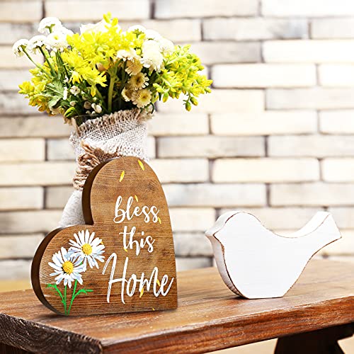 Jetec 2 Pcs Rustic Wooden Heart Table Decor, Daisy Farmhouse Home Decor, Bless This Home & Be Kind Sign for Living Room, Dining Room, Shelf & Mantel, Ideal Housewarming & Birthday Gift(Daisy Style) - style: Daisy Style