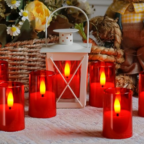 Flameless Small Tea Light LED Candles, Acrylic Battery Operated Votive 1.7" x2.5" with Remote Control and Timer, Tealight Red Flickering Warm Light Pack of 8 Electric Long Lasting - color: Red, size: 8 x 2.5"