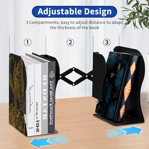 Dragon Bookends, Adjustable Bookends, Unique Book Holders for Shelves, Metal Book Ends for Heavy Books, Non-Skid Book Stander for Desk, Shelf, Office, Stationery Gift (Black) - color: Black