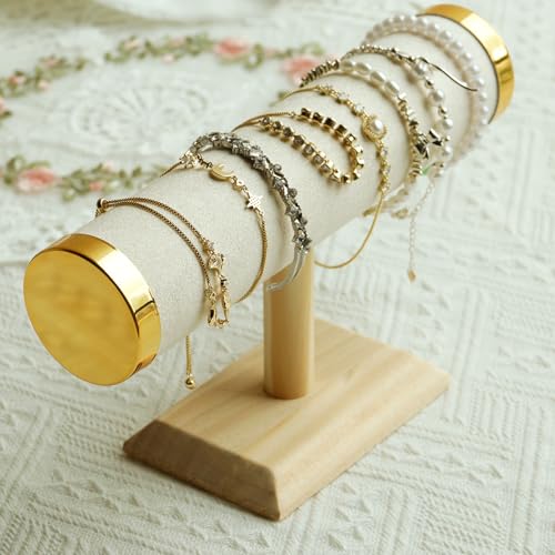 Jewelry Display Stand for Bracelet Bangle Watch, T Bar Jewelry Holder with Velvet Covered Bar and Wood Base for Countertop Organizer and Display - color: Round Suede Beige