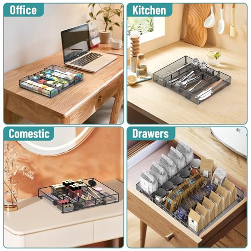2 Pack Expandable Desk Drawer Organizer Tray with 10 Adjustable Compartments Metal Mesh Office Drawer Organizer for Home, School Supplies, Makeup Vanity & Jewelry (Black) - color: 2 Pack Black