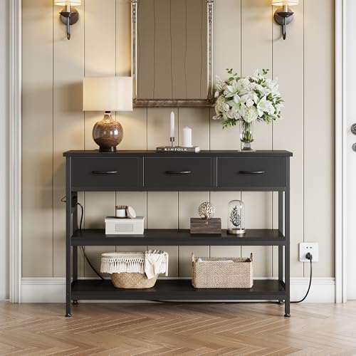 Lulive Entryway Table with Power Outlets, Console Table with 3 Fabric Drawers, Sofa Table for Living Room, Hallway, Couch, Foyer, Height Adjustable (Black, 43") - color: Black, size: 1-Pack 43 inches