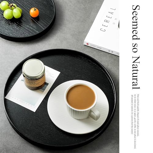 River Round Wood Serving Tray, Solid Wooden Decorative Tray Non-Slip Tea Coffee Table Tray Snack Plate Food Meals Serving Tray with Raised Edges for Home Decor Kitchen Restaurant(11.8inch/30cm, Black) - size: 11.8"