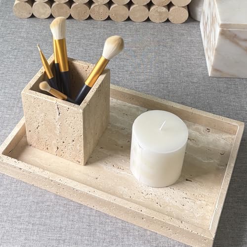 Natural Marble Vanity Tray, Cosmetics Towels Tray, Decorative Tray, Catchall Tray for Dresser Bathroom Kitchen (Beige Travertine, 11.8L x 7.87W x 1.18H) - color: Beige Travertine