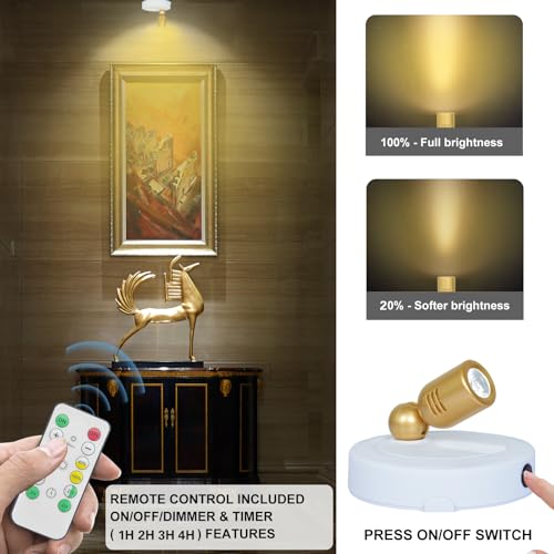 HAMVIDNE LED Spotlight Indoor, Battery Operated Spotlights with Remote, Up Lights for Plants, Dimmable Tree Spotlight, Picture Lights for Wall Art Display Dartboard Painting Artwork Accent Frames - color: White-Gold