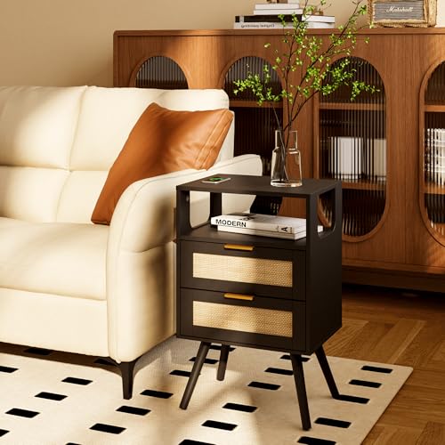 JOONEE Rattan Nightstand,Farmhouse Bedside Table with 2 Storage Drawer and Open Wood Shelf, for Bedroom and Small Spaces,Night Stand with Solid Wood Legs (Black) - color: Black