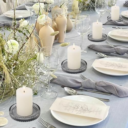 Vixdonos 3.8 Inch Glass Pillar Candle Holder Set Pack 2 Gear Round Plate Serrated Candle Stand for Table Centerpieces,Party, Wedding and Home Decor - color: Gray